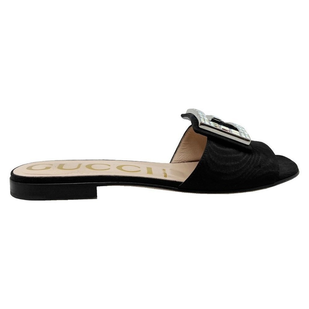 Gucci Black Mules Slide Flat Sandals Crystal Logo Size 36.5 - Picture 4 of 10